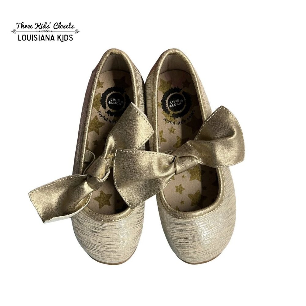 Livie & Luca Sz 11 Cream Gold Tinsel Shimmer Mary Jane Bow Shoes